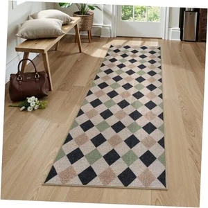 Checkered Easy Jute Outdoor Hallway Runner Rugs, 2 x 6 Washable Modern - Picture 1 of 7