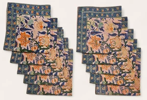 Set of 10 Vintage 1991 Hand Block Print Floral Cloth Napkins Boho Botanical - Picture 1 of 7