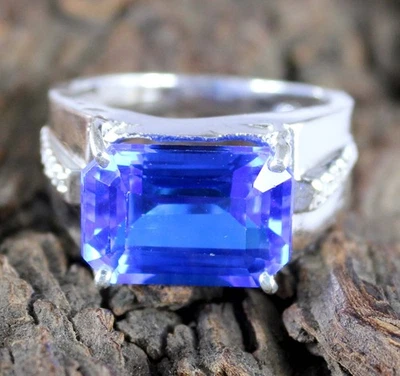 Anillo para hombre certificado de piedras preciosas talla esmeralda de 12,89 quilates/14 mm de tanzanita azul natural Foto 1 de 4
