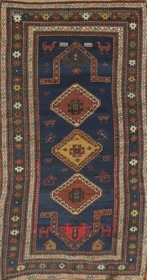 Pre-1900 Tribal Blue Wool Hand-made Kazak Vegetable Dye Runner Antique Rug 3x7 - Image 1 of 4
