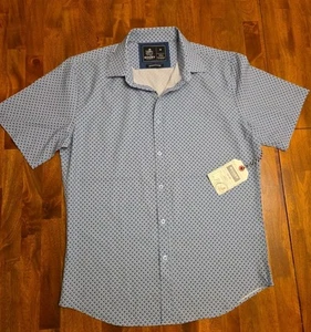 NEW Rugby University Nautical Short Sleeve Button-Up Shirt Mens Med Blue Stretch - Picture 1 of 4