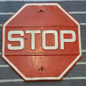 Vintage 1940er gelbes Stoppschild REPAINTED ROT geprägter Stahl schwer 24" × 24" - Bild 1 von 22
