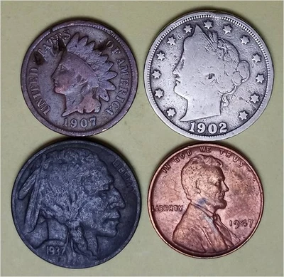Lot of 4 Old Coins – 1 Indian Head Penny, 1 Lib V 5c, 1 Buffalo 5c & 1 Linc 1c - Image 1 of 2