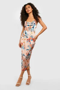 Satin Floral Cowl Flute Hem Slip Dress Gold Size 12 Boohoo - Picture 1 of 9