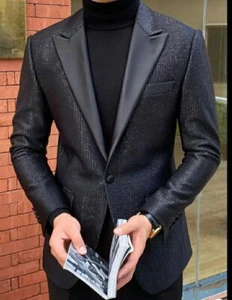 Men's Casual Blazer With Button, Woven Gold-Silver Metallic Fiber, Tuxedo Lapel - Picture 1 of 5