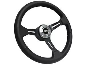1969-94 Chevy 6-Bolt Black Leather Resto Steering Wheel Kit, White SS Emblem - Picture 1 of 11