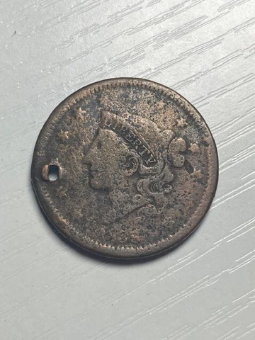 1838 Large Cent, Coronet Head, holed, 99c shipping Cover
