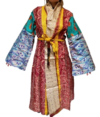 Indian Vintage Sari Patchwork Kantha Robe Long Kimono Dressing Gown Beach Cover - Image 1 of 4