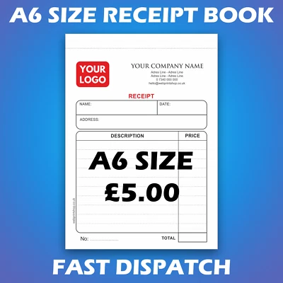 A6 PERSONALISED DUPLICATE RECEIPT BOOK - NCR PRINT - PERSONALISED INVOICE BOOK - Image 1 of 2