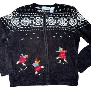 Alfred Dunner Cardigan Fair Isle Black Snowflakes Ice Skating Size Large Vintage - Picture 1 of 10