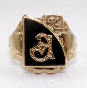 VTG Men's 10K Yellow Gold Signet Initial Onyx Ring Size 10.5 LND2 - Picture 1 of 7