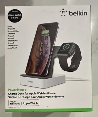 全新带盒 - Belkin PowerHouse 充电底座 适用于 Apple Watch 和 iPhone - XS、XR、X、8、7 — 第 1/4 张图片