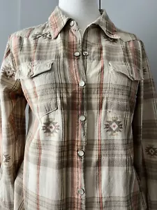 Shyanne Pearl Snap Shirt Womens Small Orange Rust Tan Plaid Western Long Sleeve - Picture 1 of 11