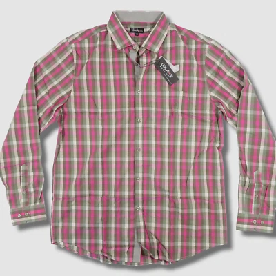 $58 Galaxy by Harvic Men Pink Green Plaid Slim-Fit Long-Sleeve Button-Up Shirt M - Image 1 of 2