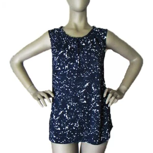 Ann Taylor Size: 6 Deep Blue Splatter Print SleevelessTop Small Ruffle at Neck - Picture 1 of 9