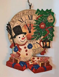 SNOWMAN, WRAPPED GIFTS, LARGE CLOCK * Glitter CHRISTMAS ORNAMENT * Vtg Img - Picture 1 of 1