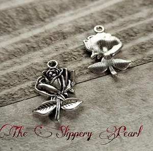 4 Flower Charms Antiqued Silver Rose Pendants Garden Charms 24mm - Picture 1 of 2