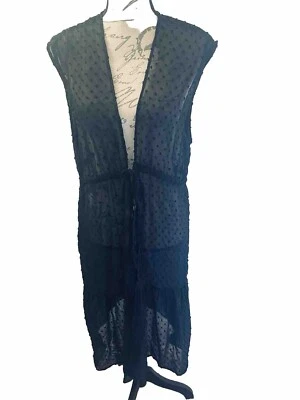 LC Lauren Conrad Swiss Dot Tie-Waist Tassel Duster Vest Black NWT - Image 1 of 4