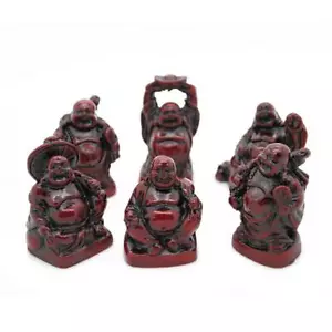 SET DI 6 STATUE HAPPY BUDDHA 2" Colore Rosso Resina Hotei Grasso Ridente Feng Shui - Foto 1 di 5