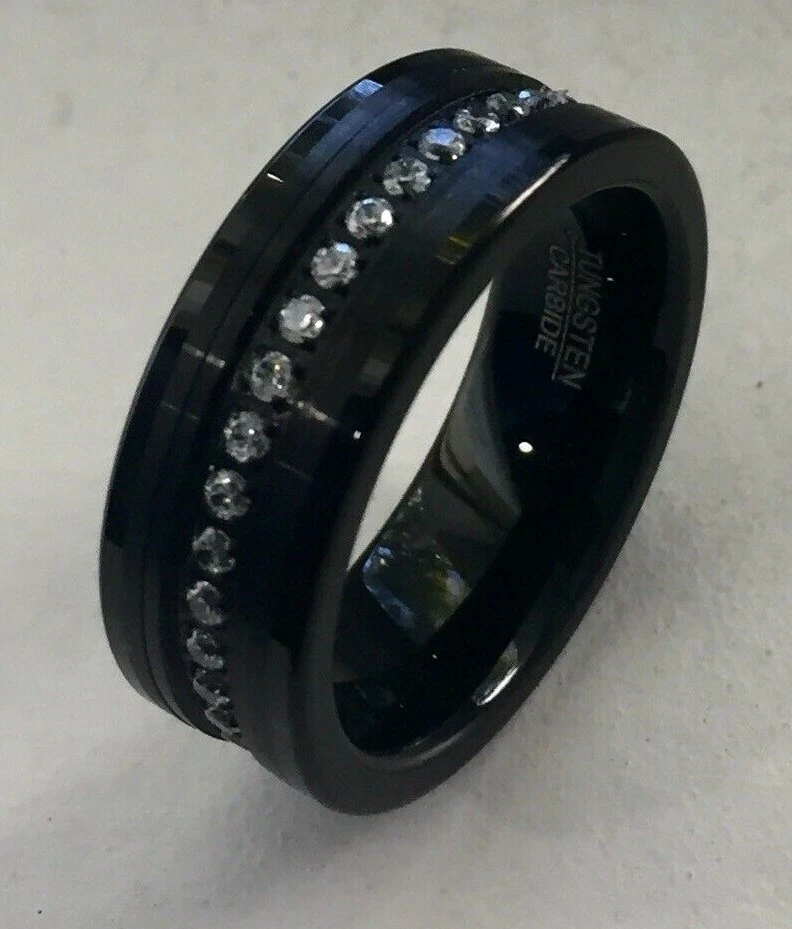 JUEGO DE PUNTAS DE CARBURO DE TUNGSTENO DE 8 MM PARA HOMBRE BANDA DE ETERNIDAD CIRCONITA NEGRA CHAPADA EN IP TALLA 7-15 Foto 1 de 1