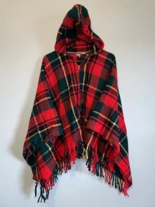 Vintage 60s 70s 100% Wool Tartan Plaid Cape Poncho Coat Retro Zip up Talon Hood - Picture 1 of 14