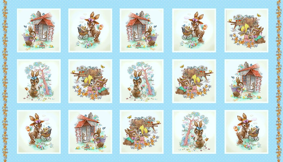 Easter Rabbit Garden Flowers Fabric Bunny Tails Cotton Henry Glass 24" Panel - Image 1 of 1