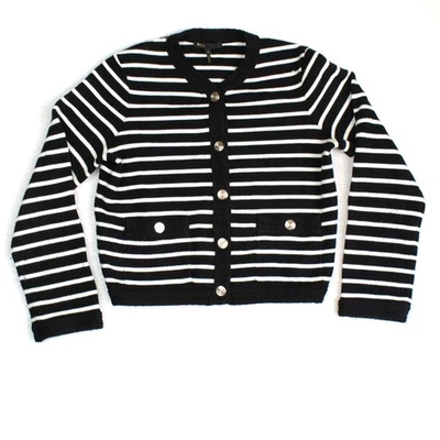 Maje Cardigan Womens Size 3 Wool Black White Button Front Pocket Tweed Trim - Image 1 of 4