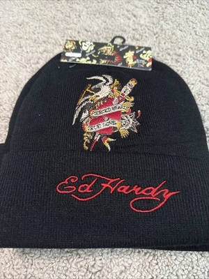 NEW Ed Hardy 2 Pk Men Beanie Hats Embroidered Tattoo Eagle Dagger Pierced Hearts - Image 1 of 4
