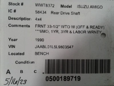 Rear Drive Shaft 4WD Fits 89-93 ISUZU AMIGO 1709880 - Image 1 of 4