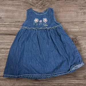 OSHKOSH Jumper 3T Denim EMBROIDERED Floral Dress girl EUC JEAN  Vintage - Picture 1 of 3