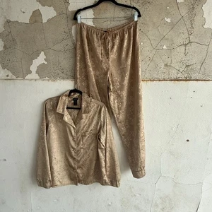 Vintage Satin Pajama Set Golden Floral Jacquard Lounge Top and Pants - Picture 1 of 9