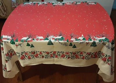 Christmas "Snowy Village" Tablecloth by Bucilla. Vintage, Extra Long. Beautiful - Image 1 of 4