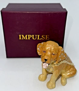 Vintage Impulse Sitting Golden Retriever Dog Jeweled Enamel Hinged Trinket Box - Picture 1 of 13