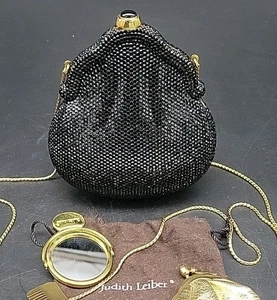 MAGNIFICENT BLACK CRYSTAL JUDITH LEIBER PURSE MINAUDIÈRE CLUTCH + ACCESORIES - Picture 1 of 10