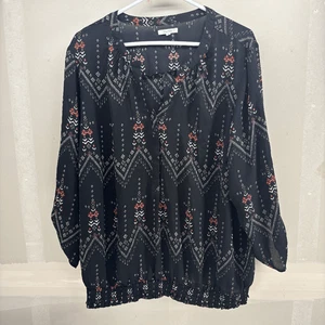 Maurices geometrisches Blumendruck Knopfleiste Damen Bluse Top Größe 3x V-Ausschnitt Boho - Bild 1 von 7