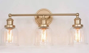 3-Light Gold Bathroom Classy Leaves Vanity FIXTURE Glass Shades 723803744826 NEW - Picture 1 of 5