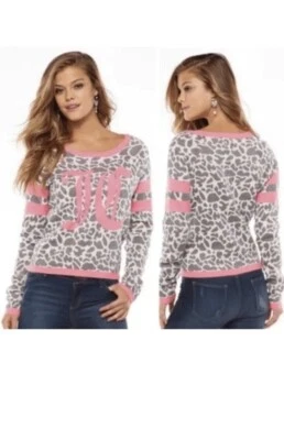 NUEVO NUEVO CON ETIQUETAS JUICY COUTURE ROSA GRIS ESTAMPADO LEOPARDO SUÉTER BRILLO METÁLICO GRANDE Foto 1 de 4