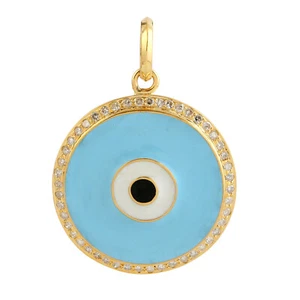 Diamond Round Evil Eye Enamel Pendant 18k Solid Gold Designer Jewelry For Women - Picture 1 of 5