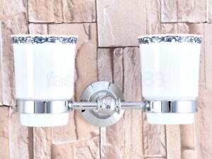 Polished Chrome Bathroom Wall Mount Toothbrush Holder Double Ceramic Cup fba796