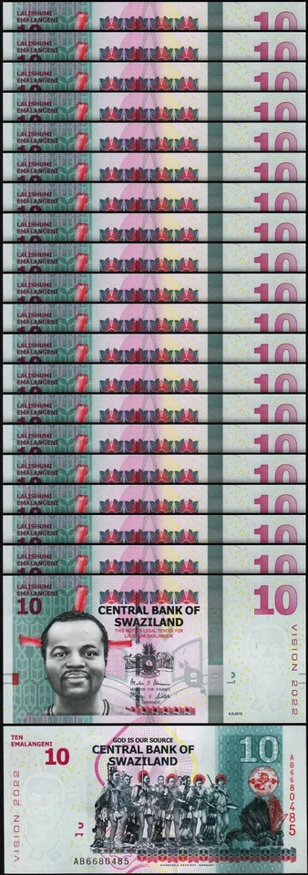 Swaziland 10 Emalangeni 2015, UNC , 20 Pcs LOT , Consecutive , P-41, Vision 2022 - Image 1 of 4