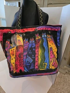 Laurel Burch Tote Bag With Tag Cats Canvas Art Cat Handbag Purse Black Multi Clr - Picture 1 of 24