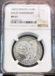 1987 GERMANY SILVER 10 MARK BERLIN ANNIVERSARY NGC MS 67 RARE TOP POP 1 - Picture 1 of 3