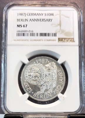 1987 GERMANY SILVER 10 MARK BERLIN ANNIVERSARY NGC MS 67 RARE TOP POP 1 - Image 1 of 3