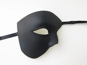PHANTOM MENS MASQUERADE MARDI GRAS VENETIAN COSTUME FACE MASK BLACK BLANK PLAIN - Picture 1 of 2