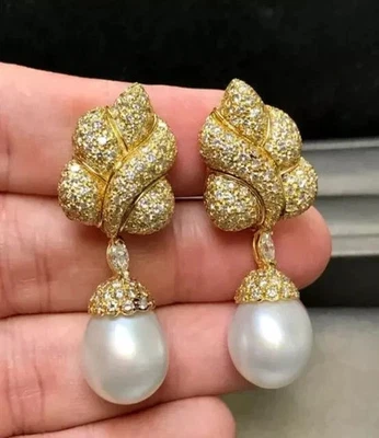 Lab Created Pearl 3.20Ct Round Cut Drop/Dangle Earrings 14K Yellow Gold Plated - Image 1 of 4