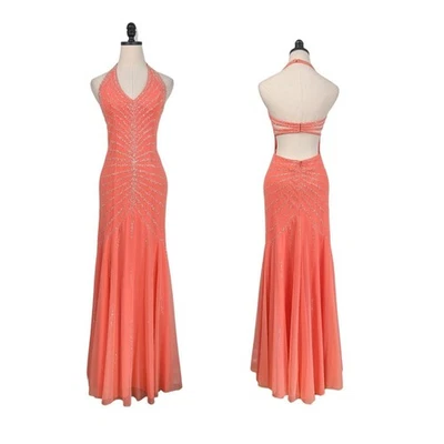 Maxi Vestido de Baile de graduación Colección Sean S Naranja Coral Y2K Cuentas Halter Sirena Foto 1 de 4
