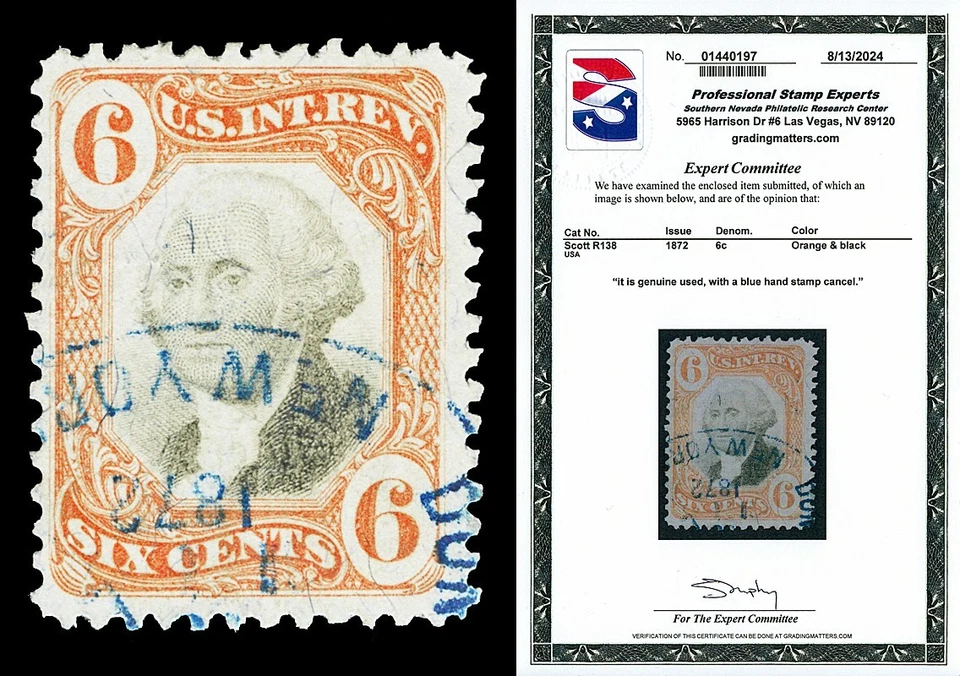 Scott R138 1872 6c Third Issue Revenue Used F-VF Cat $150 with PSE CERT - Image 1 of 1