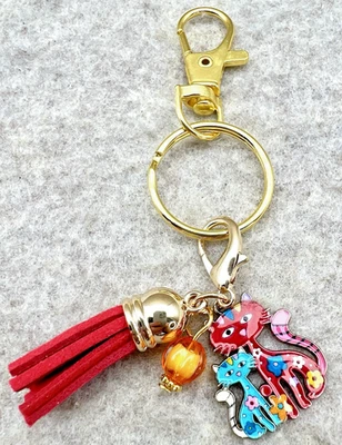 Gato Llavero Cartera Mochila Clip Mosquetón Esmalte Tono Dorado Estrás 3 1/2" Nuevo Foto 1 de 3