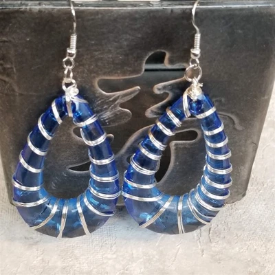 Handcrafted Retro 80s Statement Blue Lucite Open Teardrop Wire Wrapped Earrings - Image 1 of 4