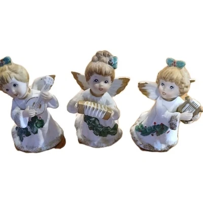 Vintage Homco 5252 Xmas Angel Set Of 3 Porcelain Playing Musical Instruments  - Image 1 of 4